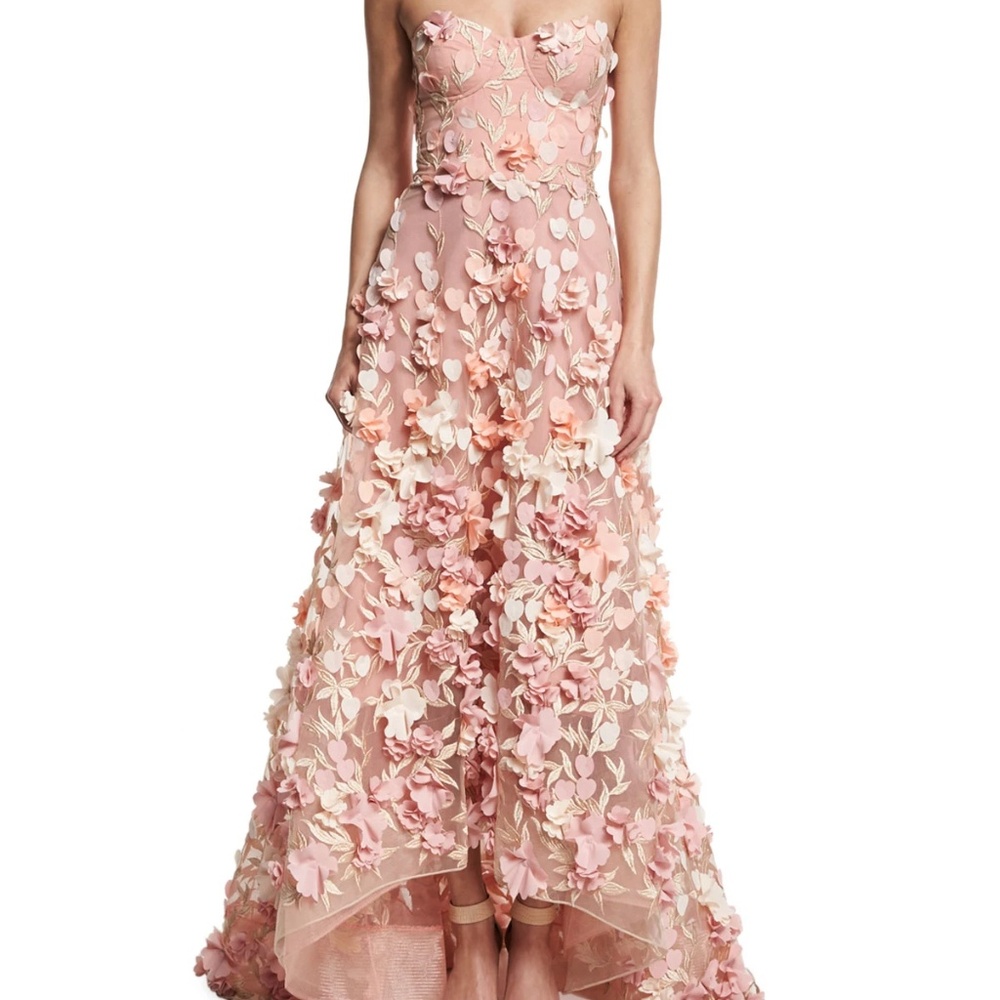 Marchesa Notte Strapless High-Low Floral Gown
